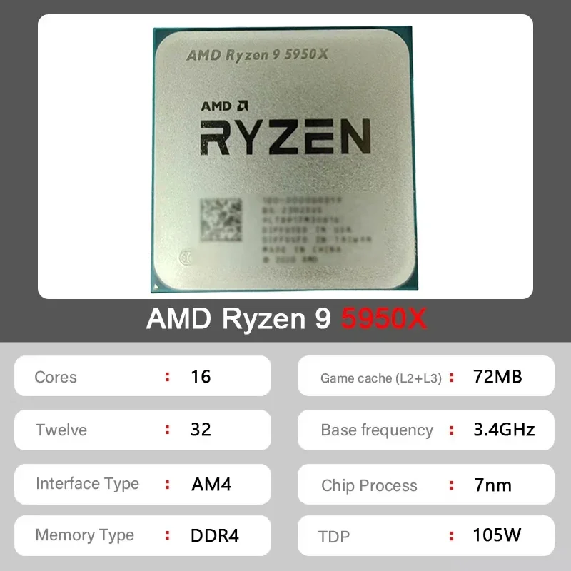 AMD 라이젠 9 5950X Zen3 AM4 게이밍 CPU, 16코어 32스레드, 4.9GHz 부스트, 72MB 캐시, 105W 트레이 칩, 쿨러 미포함, 데스크탑 조립용