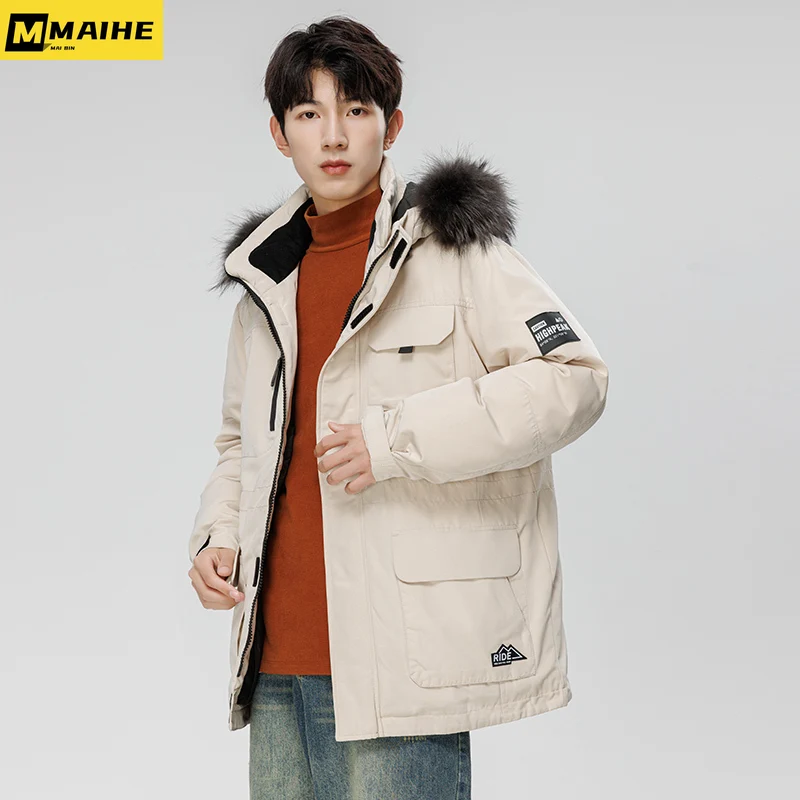 90% wool collar hooded down jacket men's short 2023 winter outdoor windproof white duck down warm parkas unisex snow down jacket glossy winter white duck down parkas womens 90% white duck down real fox fur collar hooded jackets warm thickness snow outwear