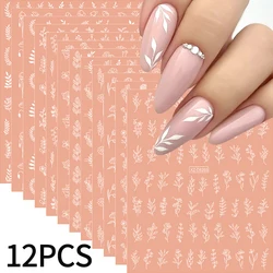 Exquisite 3D Gold Floral Leaf Nail Art Stickers - Metallic Self - Adhesive Decals for DIY Retro Manicure Decor (12 Pieces) (White)