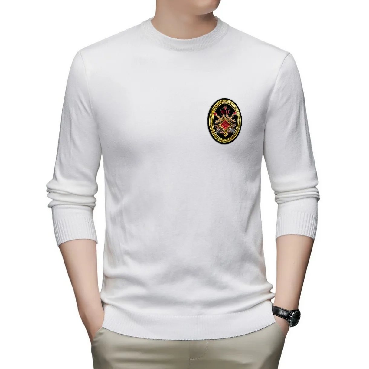 

90023CE Giierrn White Round Neck Sweater Men's Autumn and Winter Label Tide Brand Sweater Loose Lazy Wind Warm Sweater S-L
