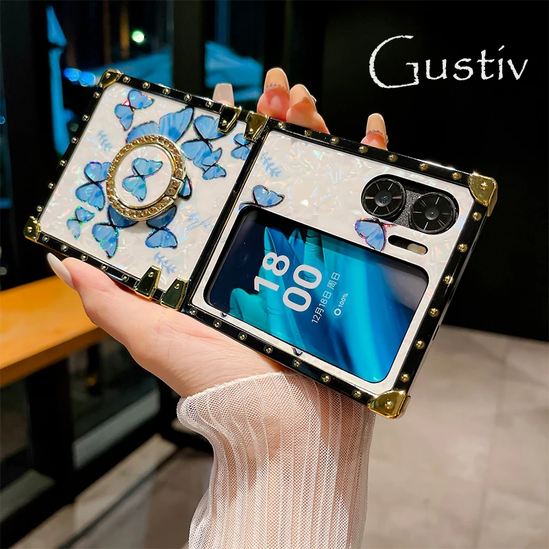 

Phone Case For OPPO Find N2 Flip Shockproof Fundas Luxury Glitter Butterfly Shell Design Square Soft TPU Cover With Holder Ring