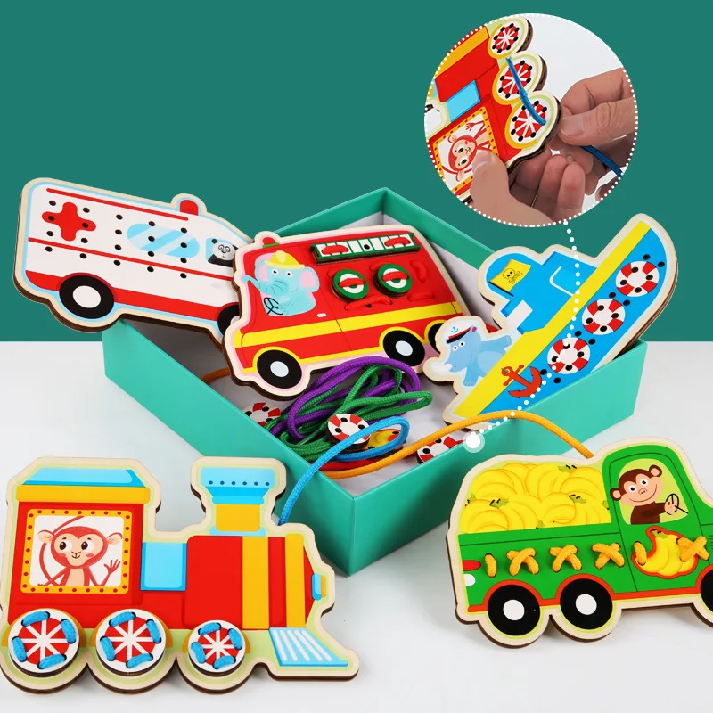 

Wooden Lacing Toys Baby DIY Toy Cartoon Fruit Animal Stringing Threading Wooden Beads Toy Monterssori Educational for Children