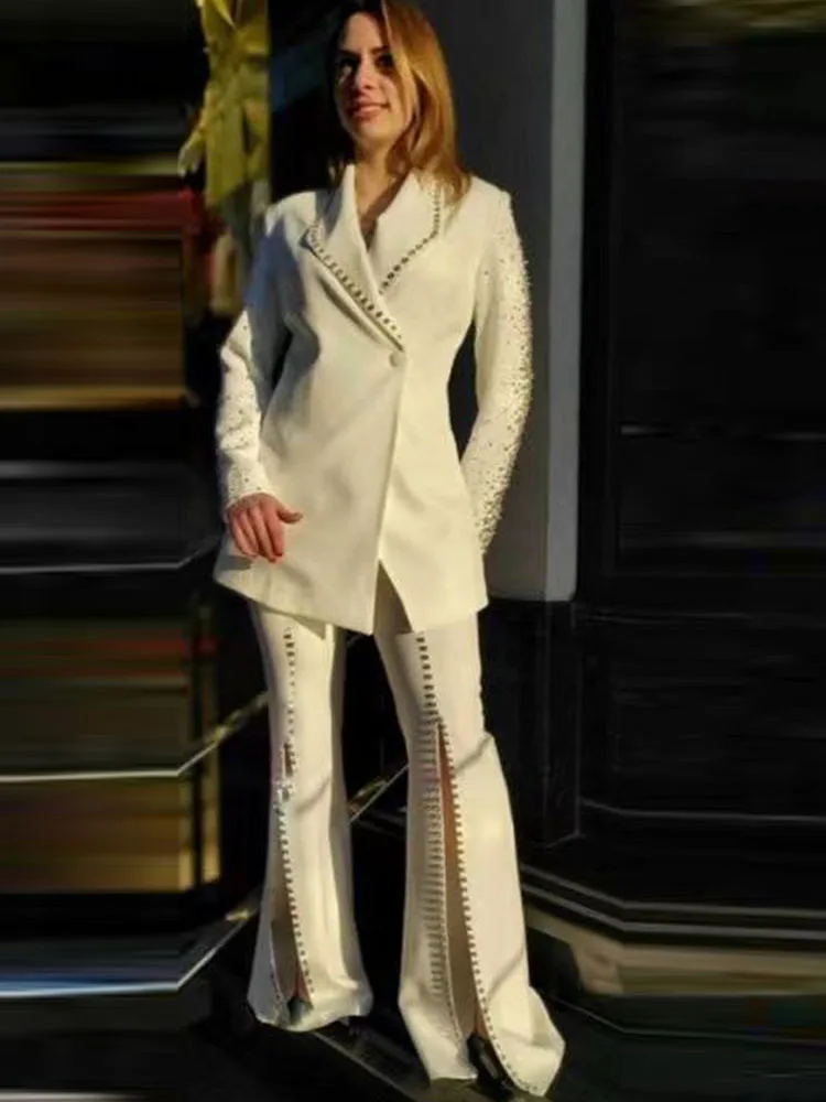 

HIGH STREET Newest 2023 Designer Suit Set Women's Stunning Diamonds Metal Ball Beaded Slit Pants Suit 2pcs