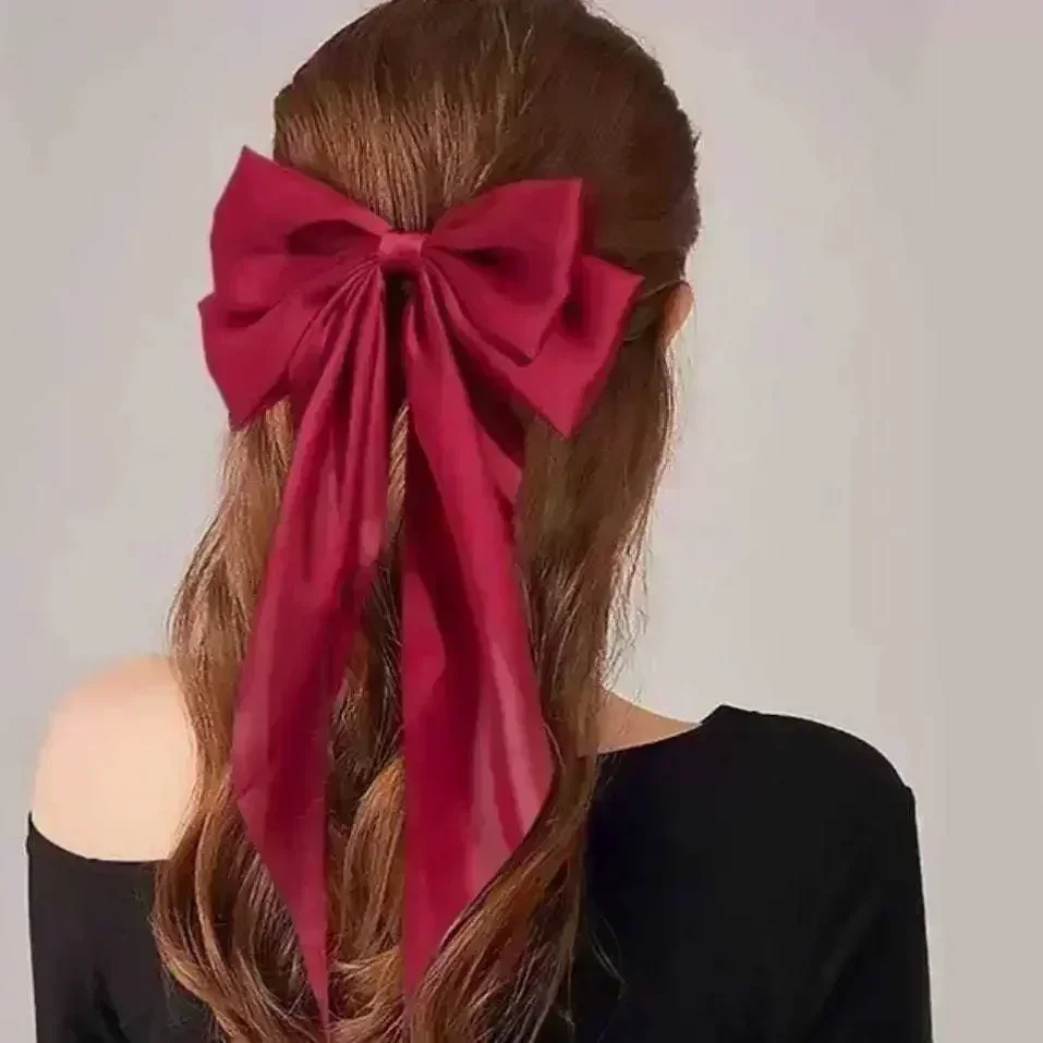 

Elegant Bow Ribbon Hair Clip Fashion Simple Solid Satin Spring Clip Hair Pin Retro Headband with Clips Girls Hair Accessories