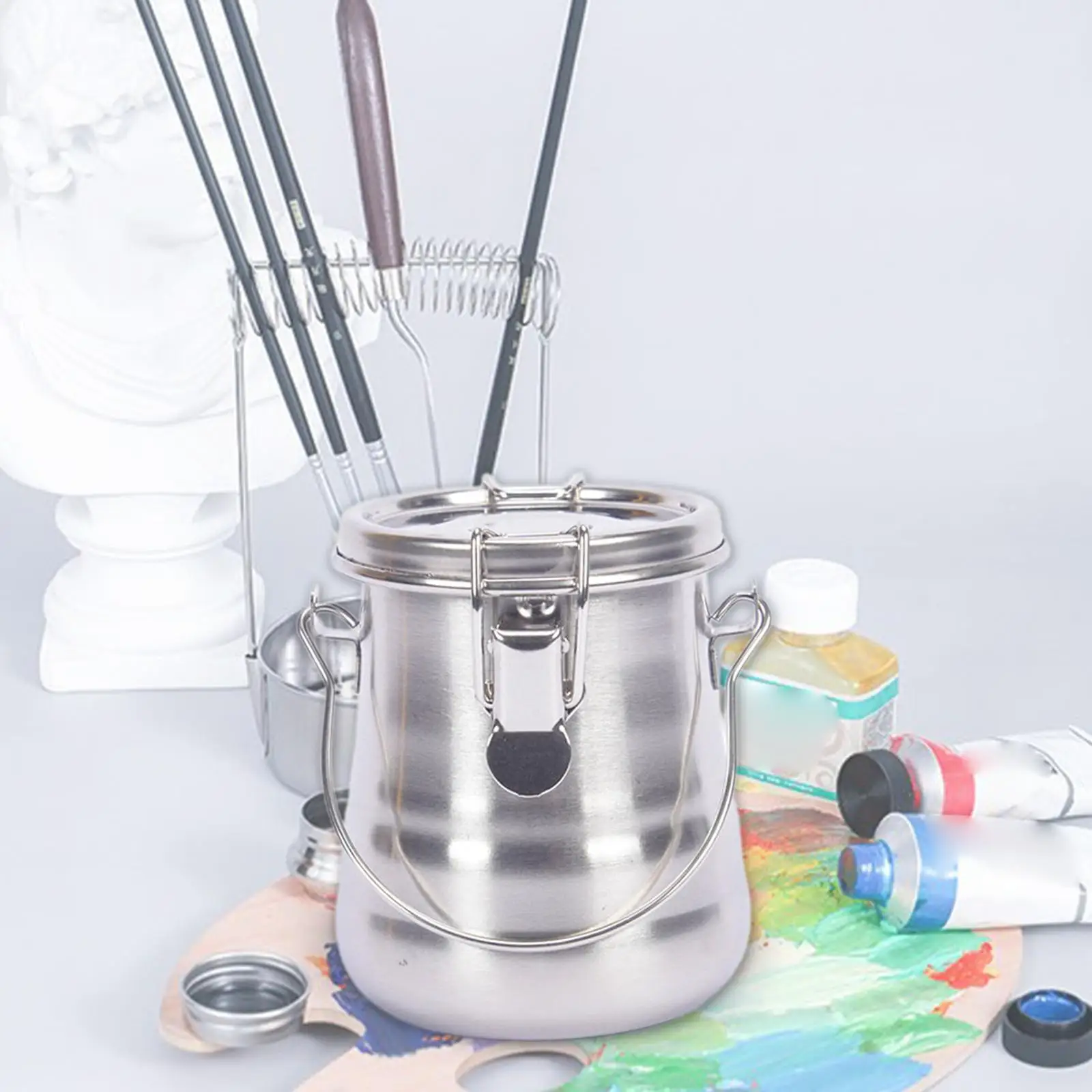 Stainless Steel Brush Washer with Lid Handle and Filter Screen Portable Paint Brush Cleaner for Acrylic Painting
