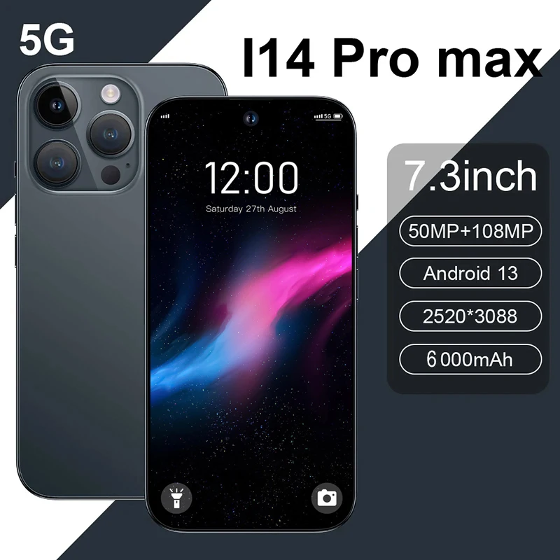 i14 Pro Max Global Version 5G Smartphones Android Cellphones Unlocked 6000mAh 16GB+1TB 7.3 Inch Mobile Phones 4G 5G Cell Phone