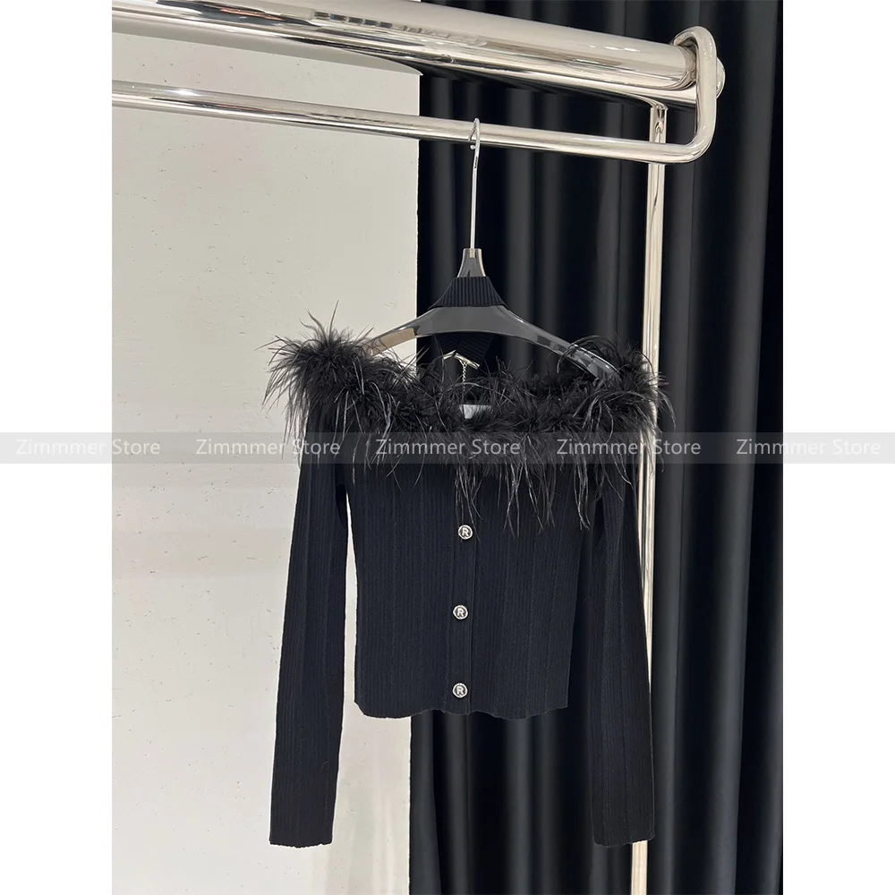 

24 Spring New Celebrity temperament ostrich hair one-line collar strapless long-sleeved knitted top female