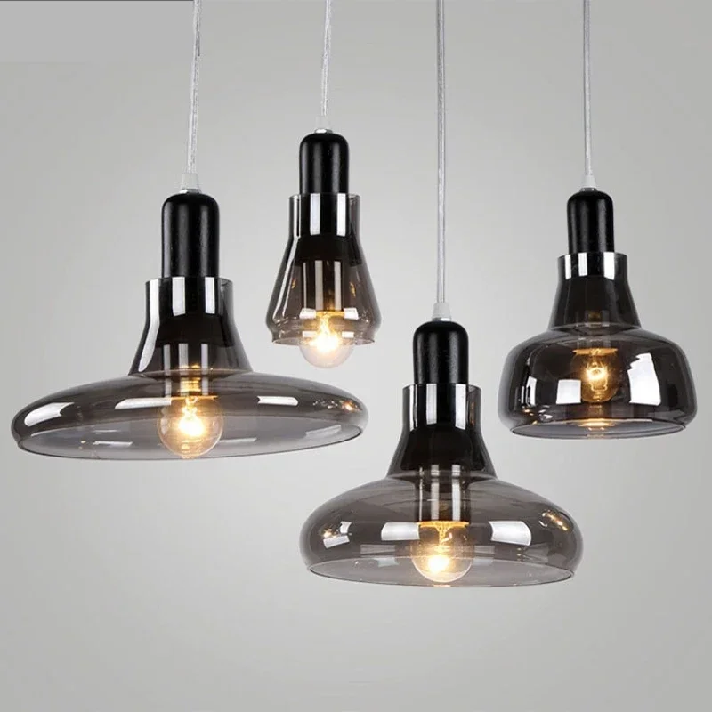 Modern Minimalist Smoke Gray Glass LED Chandelier Restaurant Bar Bedroom Bedside Single Head Pendant Lamp Indoor Lighting Decor