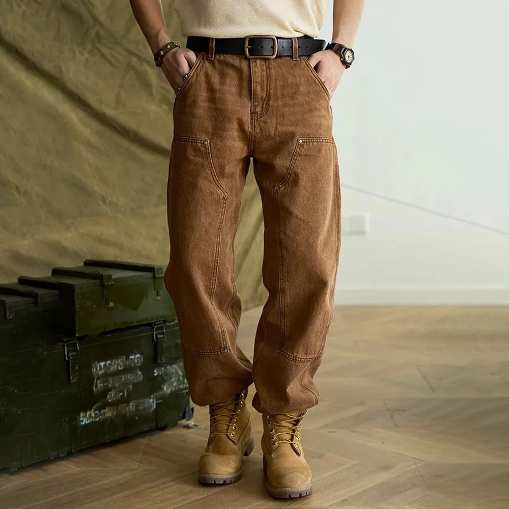 

Мужские осенние американские винтажные однотонные брюки Amekaki в старинном стиле, новинка 2023, плотные широкие брюки в твердом стиле