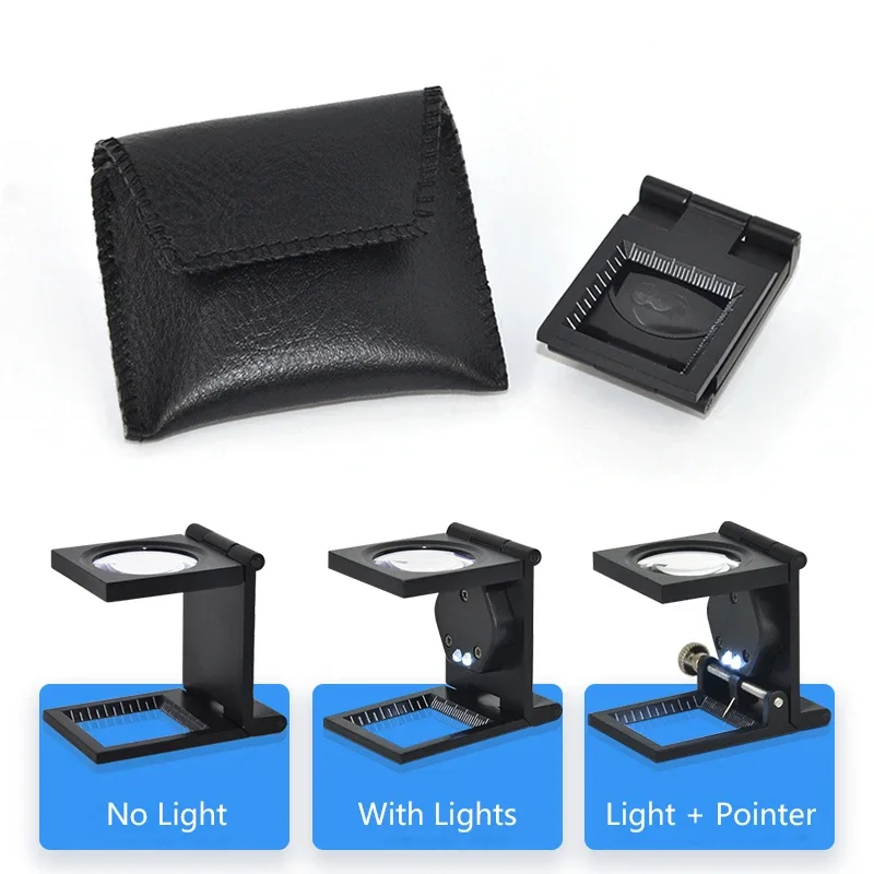1PC 28mm 10X 금속 접이식 광학 돋보기 데스크탑 돋보기 LED 조명 스케일 3 스타일 측정 도구