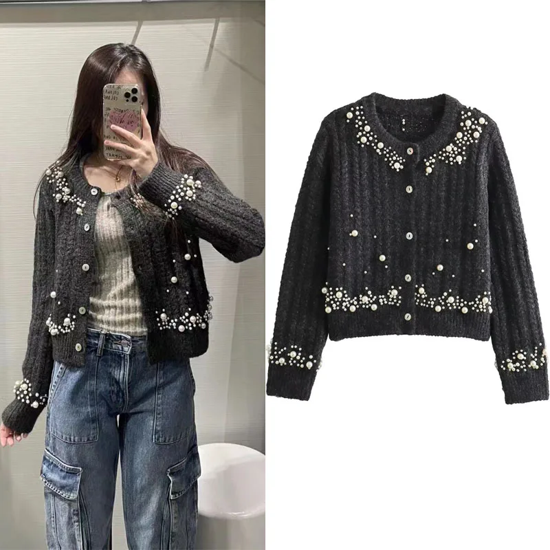 

TRAF Luxury Faux Pearl Knit Cardigans Women Fashion Round Neck Long Sleeve Sweater Coats Elegant Front Button Cropped Outwears