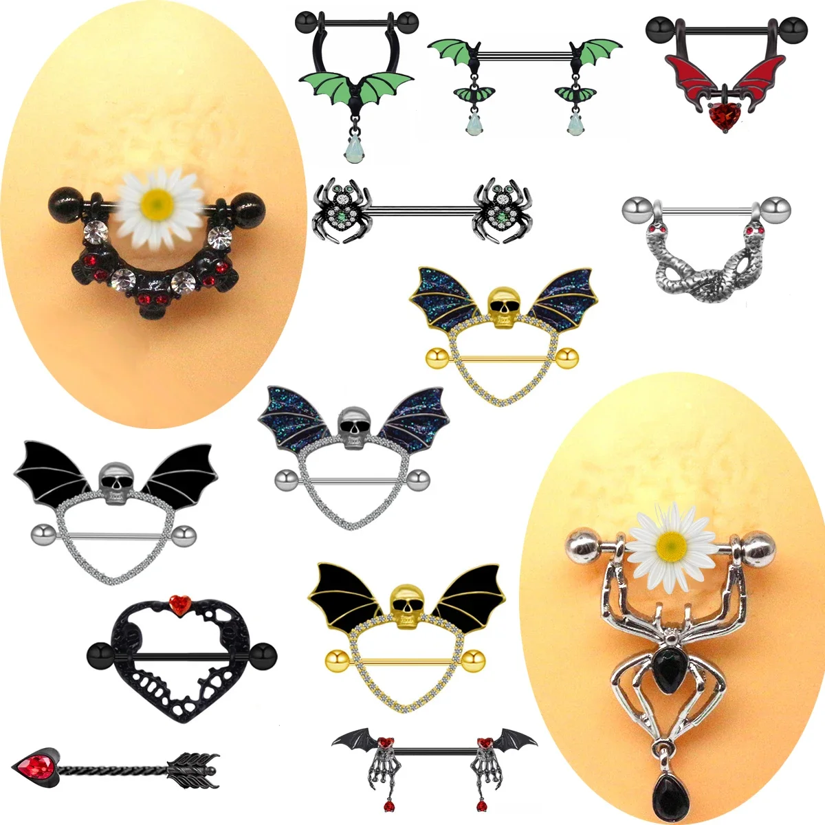 GothicNippleRingsSpiderSkullNipplePiercingJewelryHalloweenBody