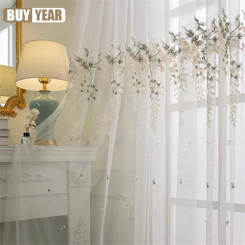 

American Pastoral Embroidered Sheer Curtains for Living Room Bedroom Translucent Blackout Tulle Curtain Custom Blinds Panel