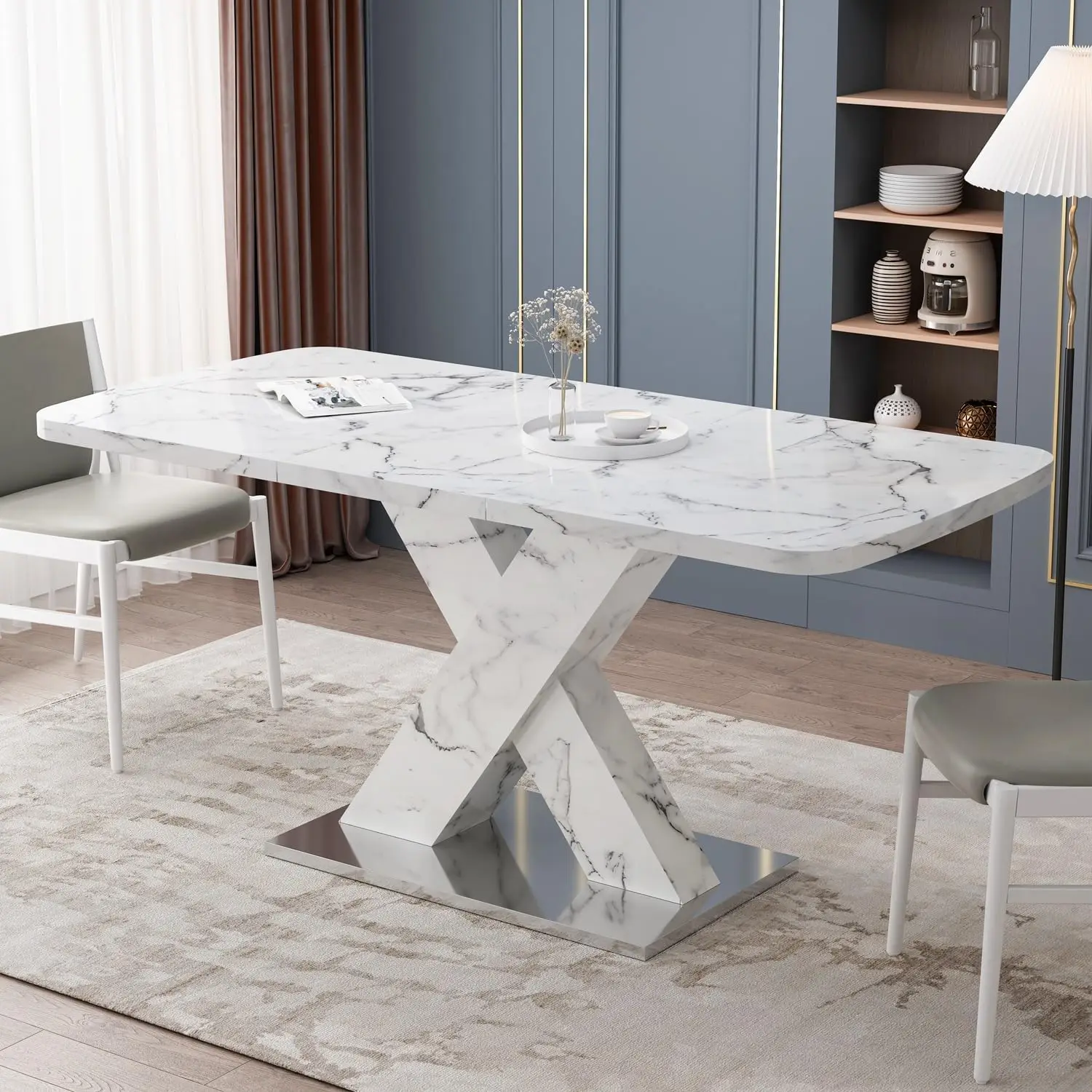 Modern Printed Marble Top Dining Table, Expandable Dining Table with Faux Marble Top and Crossed Pedestal Base for 4-6 (White)
