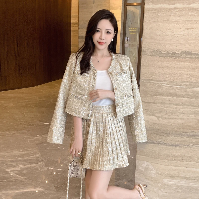 

High Quality New Autumn Winter Vintage Tweed Two Piece Set Women Short Jacket Coat + Pleats Skirts Sets Small Fragrance Sequins