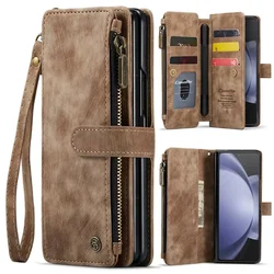 Luxury Leather Zipper Wallet with Lanyard and Phone Case - Purse Flip Stand Cover for Samsung Z Fold 4 (Brown)