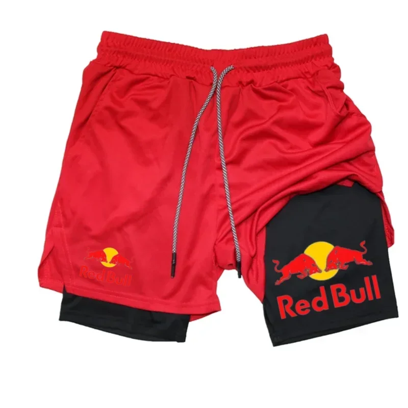 Mens 2-in-1 Red Bull Sports Shorts - Quick-Dry Breathable Running Underwear M-3XL