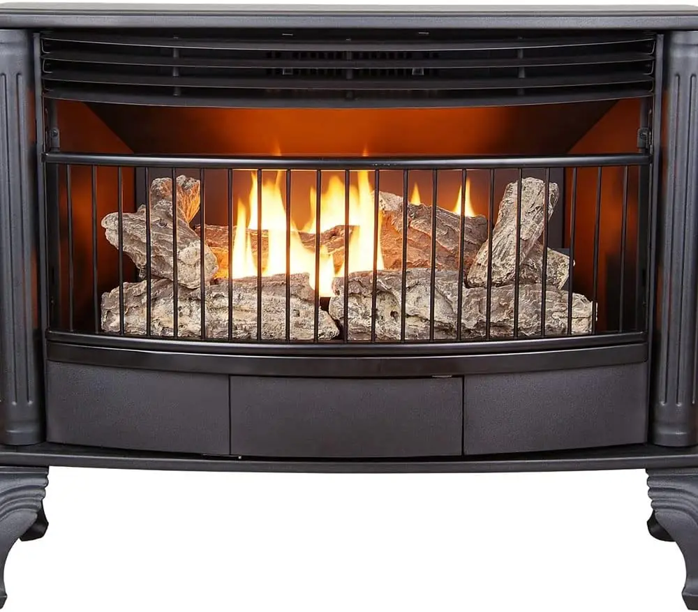 Ventless 25000 BTU Space Saving Free Standing Dual Fuel Fireplace with Built In Thermostat Control Heats up to 1100 Square Feet