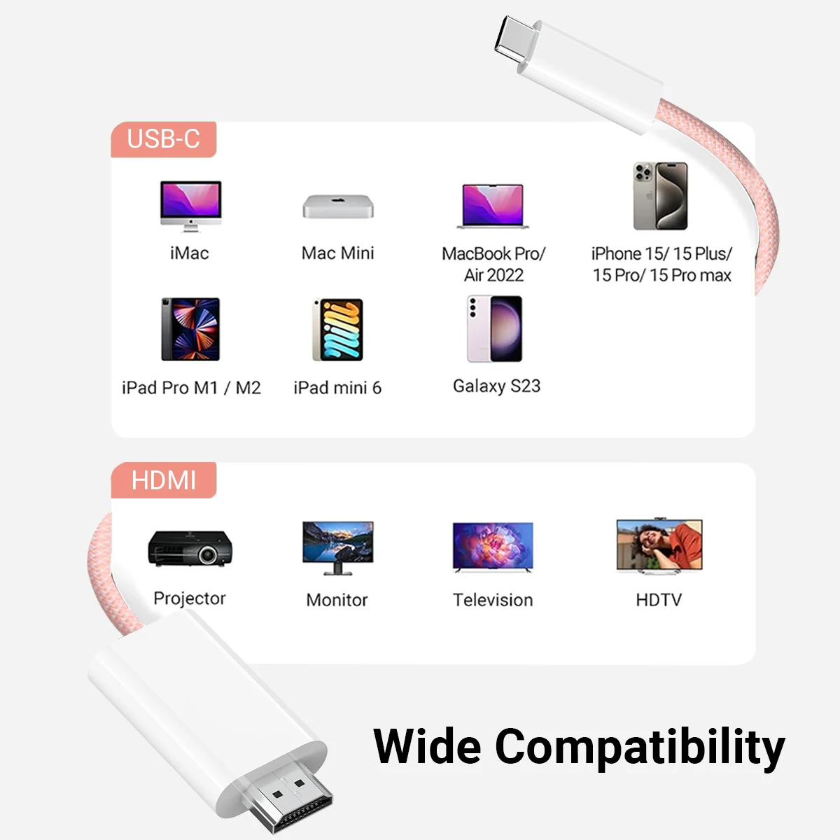 USB C 타입 HDMI 케이블 썬더볼트 4/3, 아이폰 15 프로 맥스 맥북 프로 에어 2023 아이패드 프로 등과 호환, 4K @ 60Hz, 6ft