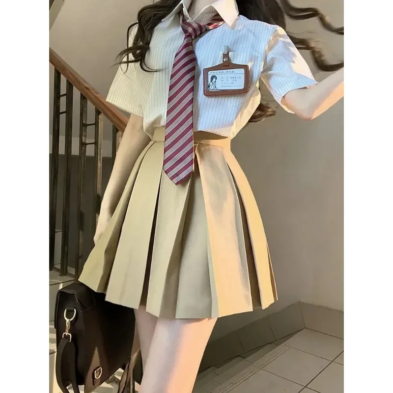Japanese Style Striped Short Sleeved Jk Uniform Tie Women Summer Korean Chic Sailor Uniform Shirt Skirt School Clothes