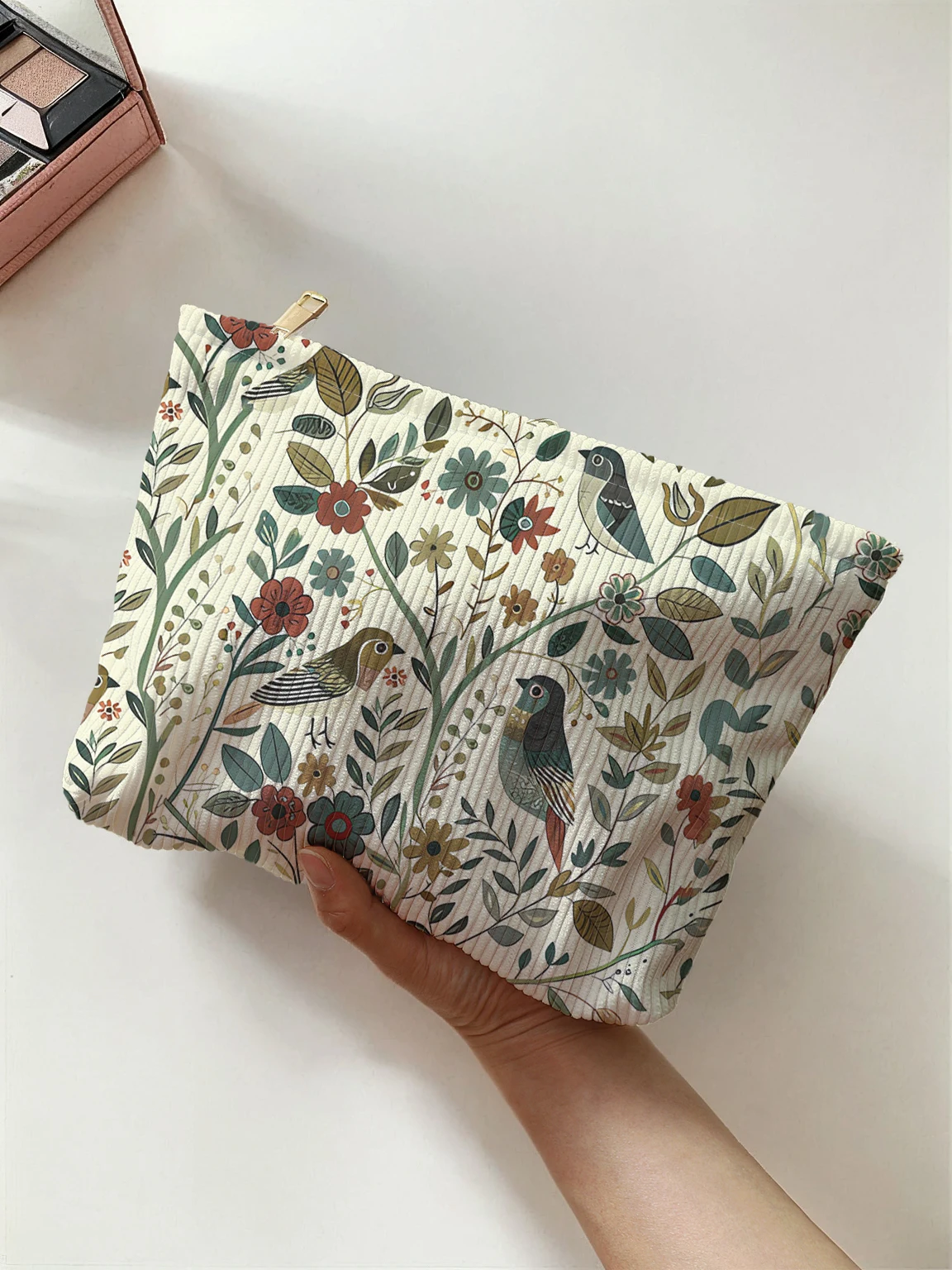 1pc，Branch bird pattern corduroy zipper makeup bag, lightweight and multifunctional cosmetic storage bag