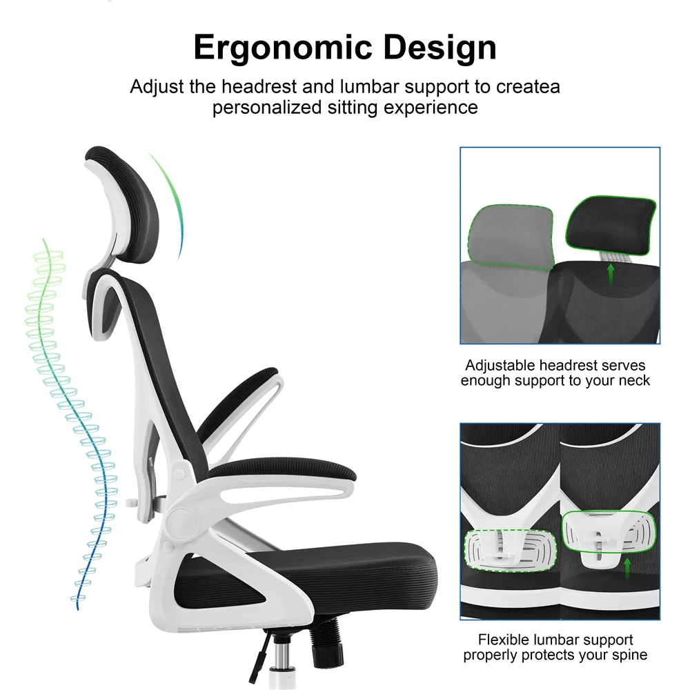 High Back Ergonomic Mesh Office Chair With Adjustable Padded Headrest White/Black Furniture Computer Armchair Chairs Gaming 3