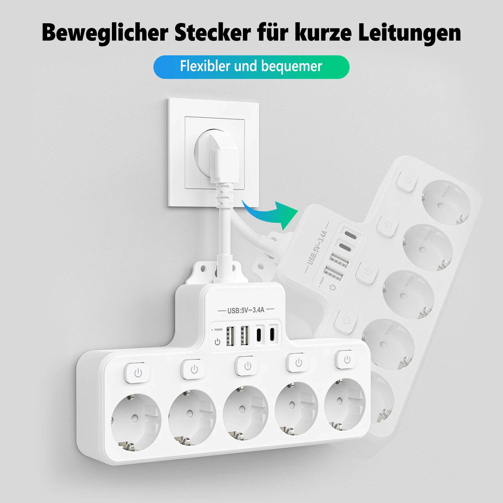 MANTO Steckdosenleiste mit 5 Universal Steckdosen & 6 USB Ports , 2500W Mehrfachsteckdose mit Schalter, Überspannungsschutz, 2M Kabel für Zuhause Büro Reisen.y