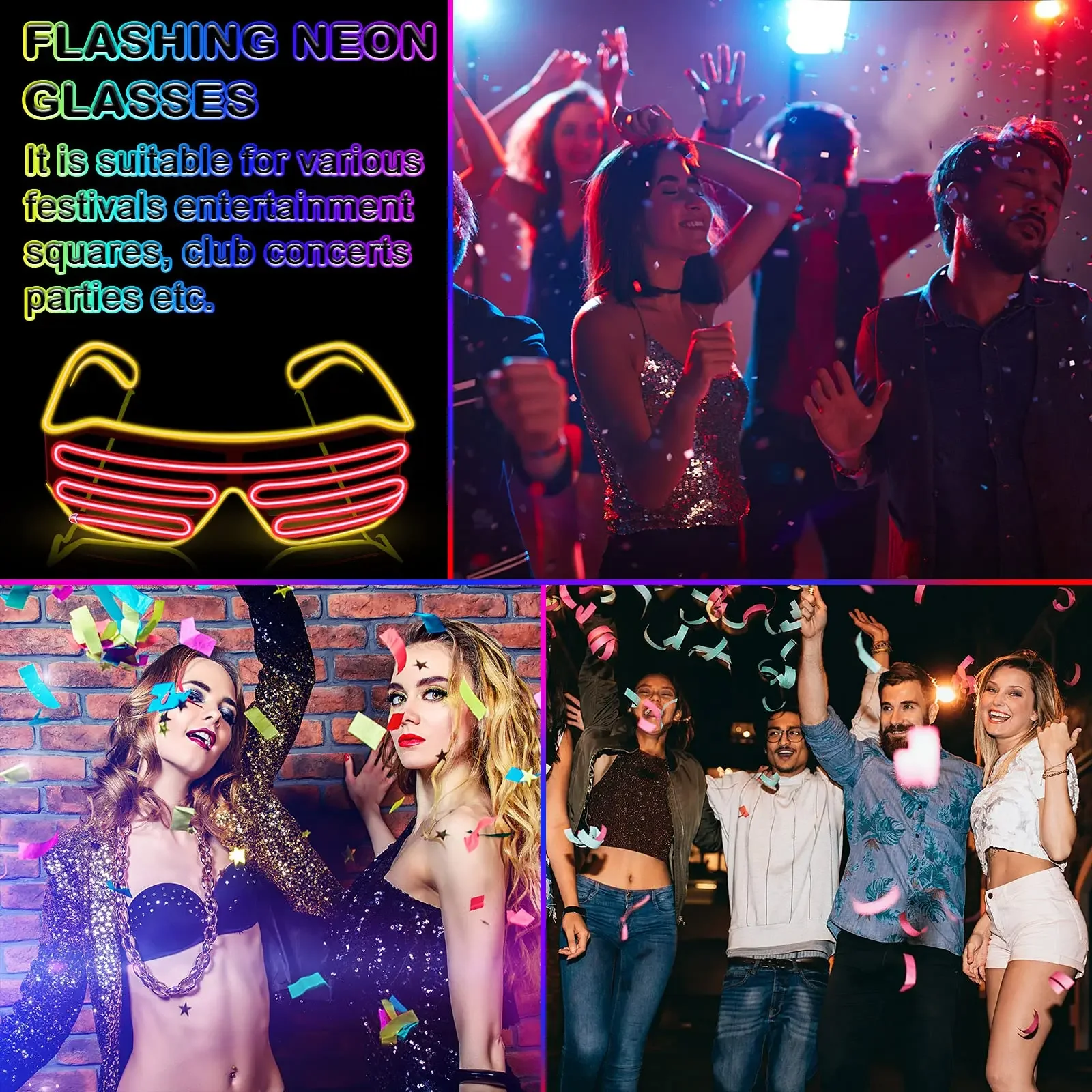 Shutter Neon Rave Glasses Light up Led Glasses Flashing Sunglasses Glow in The Dark Costume Party Favors for Women Men 80s Party