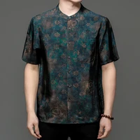Tang Costume Shirts For Men Stand Collar Short Sleeved Print Loose Summer Satin Quality Smooth Comfortable Vintage Chemise Homme 1