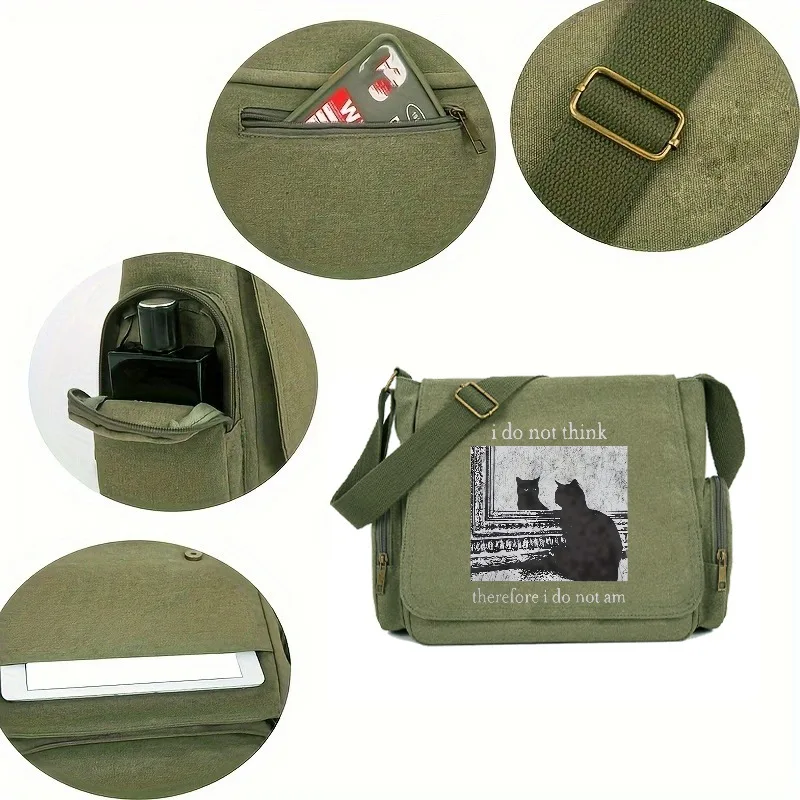 Vintage Canvas Bag Unisex Shoulder Bag Large Capacity  Army Green Cat Print Tote Crossbody Bag Commuting Bag For Women Shopping