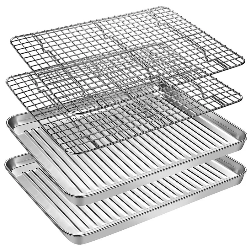 

Tray With Cooling Rack Set(2 Pans+2 Racks) Stainless Steel Cookie Pan With Cooling Rack Fit For Oven,Nonstick Baking Pan