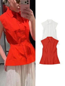 TFMLN Women's Pleated Shirt Spring Summer Vintage Lapel Collar Sleeveless Blouses Simple Flared Hem Ladies Tops 2026 New