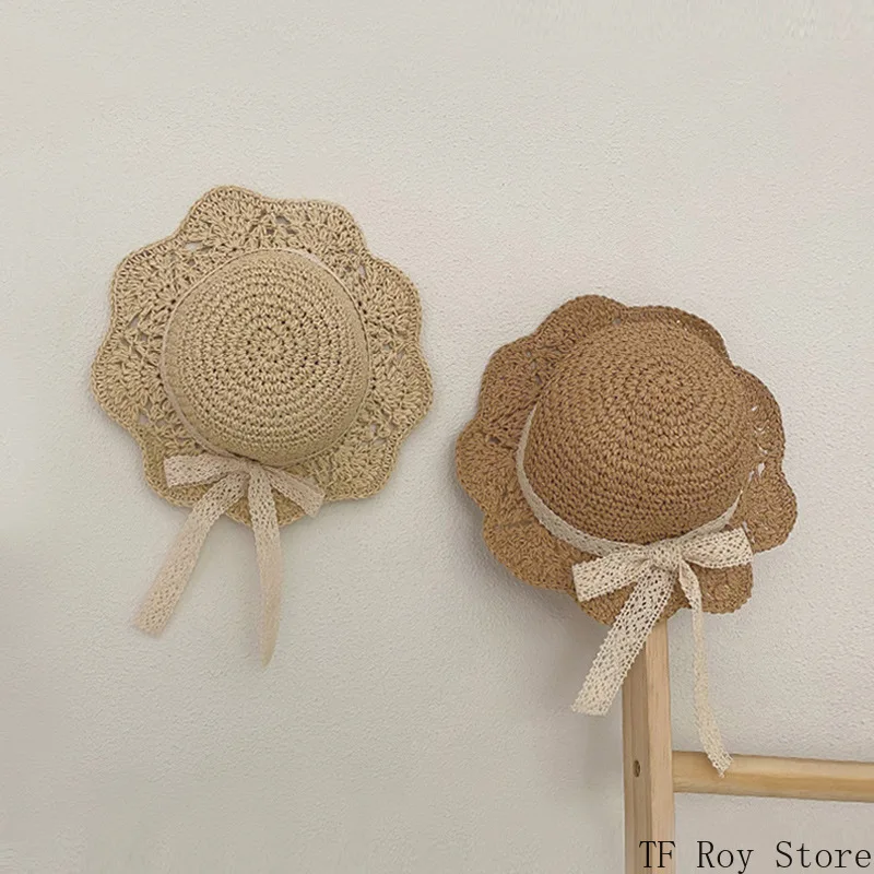 

Children's Summer Hat Sunshade Lace Bow Straw Baby Girl Cap Sunscreen Beach Hat for 1-8 Years Kids Children's Accessories