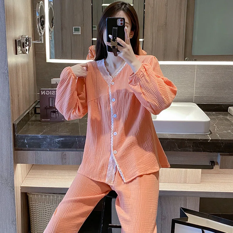 

Женская весенне-осенняя Пижама, комплект из двух предметов, хлопковая марля, креп, кружевная одежда для сна, одежда для отдыха с длинным рукавом, Повседневная Свободная Домашняя одежда