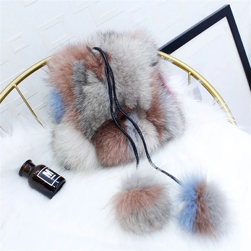 Women's Luxury Fur Drawstring Bucket Bag High Quality Fox Fur Fashion Shoulder Bag Soft Handbag With Color Contrast Design