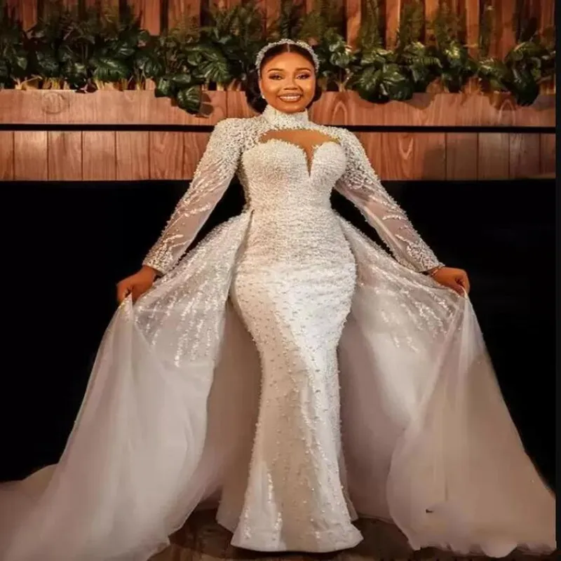 

Newest High Neck Lace Appliques African Wedding Dresses with Detachable Train Robe De Marié Long Sleeves Mermaid Bridal Gowns
