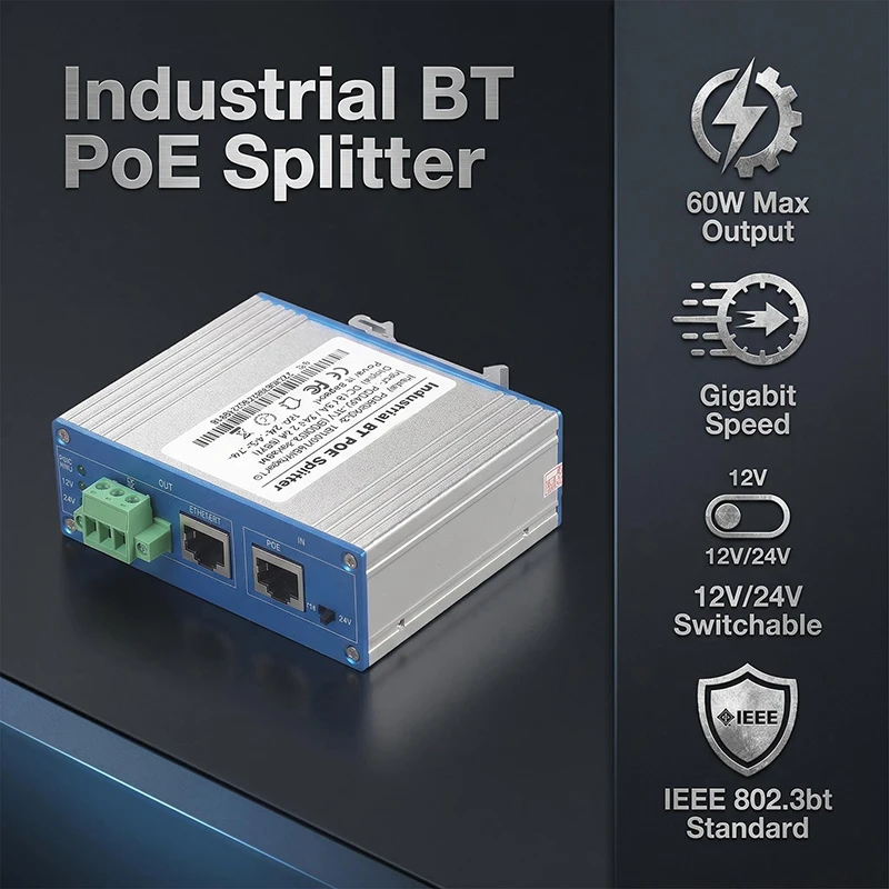 산업용 PoE 분배기 60W 기가비트 BT POE에서 DC 12V/24V 전원 출력까지 IEEE802.3BT 규격 준수, 비-PoE 장치까지 100m까지 지원