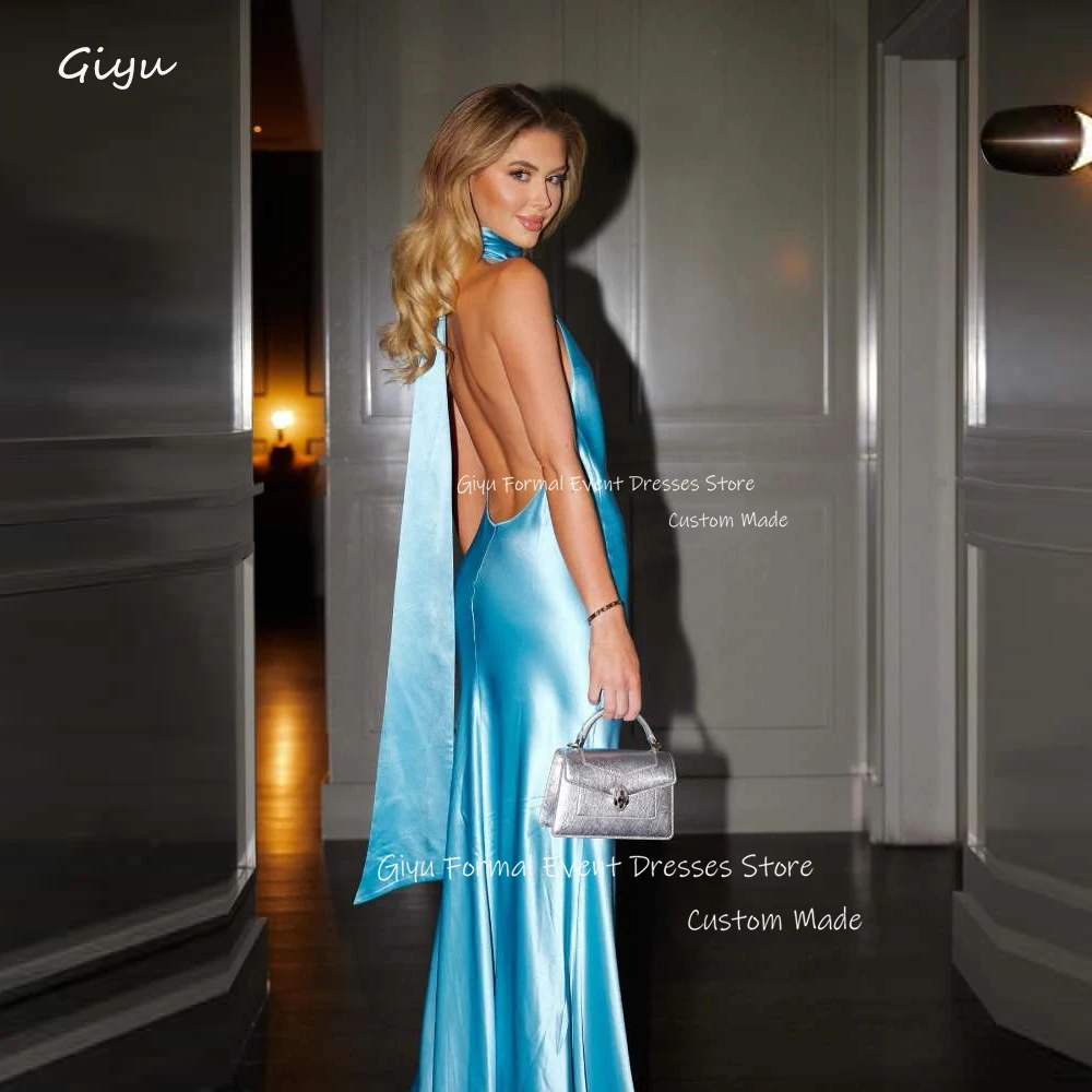 

Giyu Simple Light Blue Evening Dresses Women Silk Sexy Backless Long Prom Gowns Formal Party Night Dress Robe de soiree