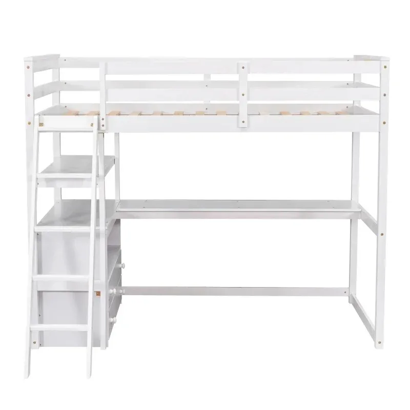 

Twin Size Loft Bed with Desk and Shelves, Two Built-in Drawers, Storage Space Available, Suitable for Children's Rooms White