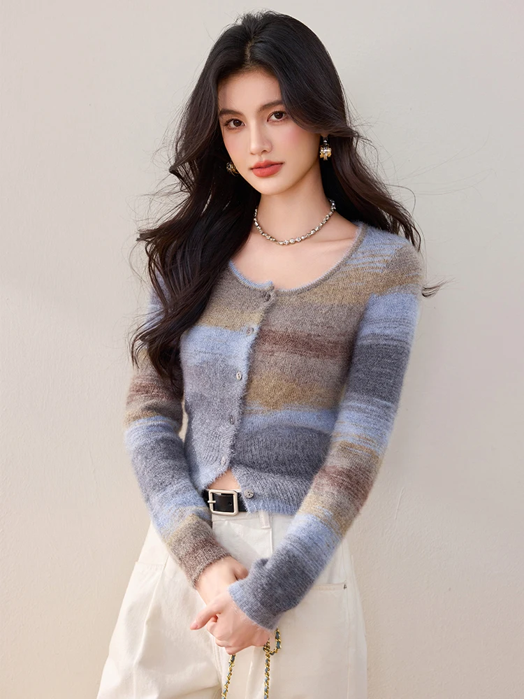 Crop Cardigan  Women’s Vintage lazy style cropped knitting long sleeves boatneck slim fit button-up short Tops Cardigans for woman in multi brown blue Gray grey stripes Fashionable Niche Design Knitwear Fall Autumn Spring womens striped Sweaters fashion