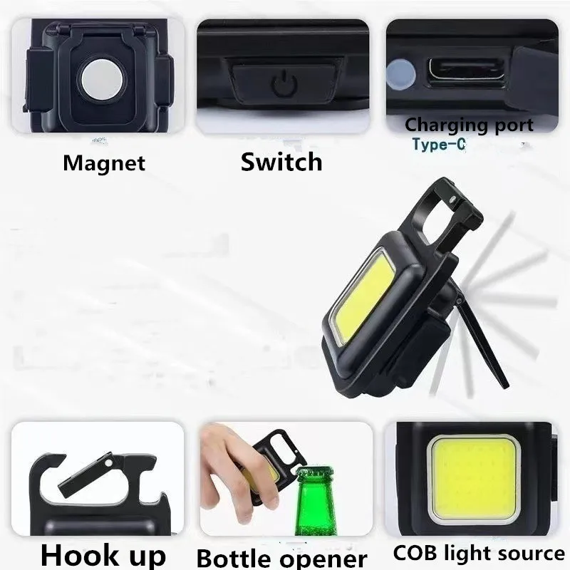Mini LED 500mah Cold White Work Light Portable Pocket Flashlight Keychains USB Rechargeable For Outdoor Camping Small Corkscrew