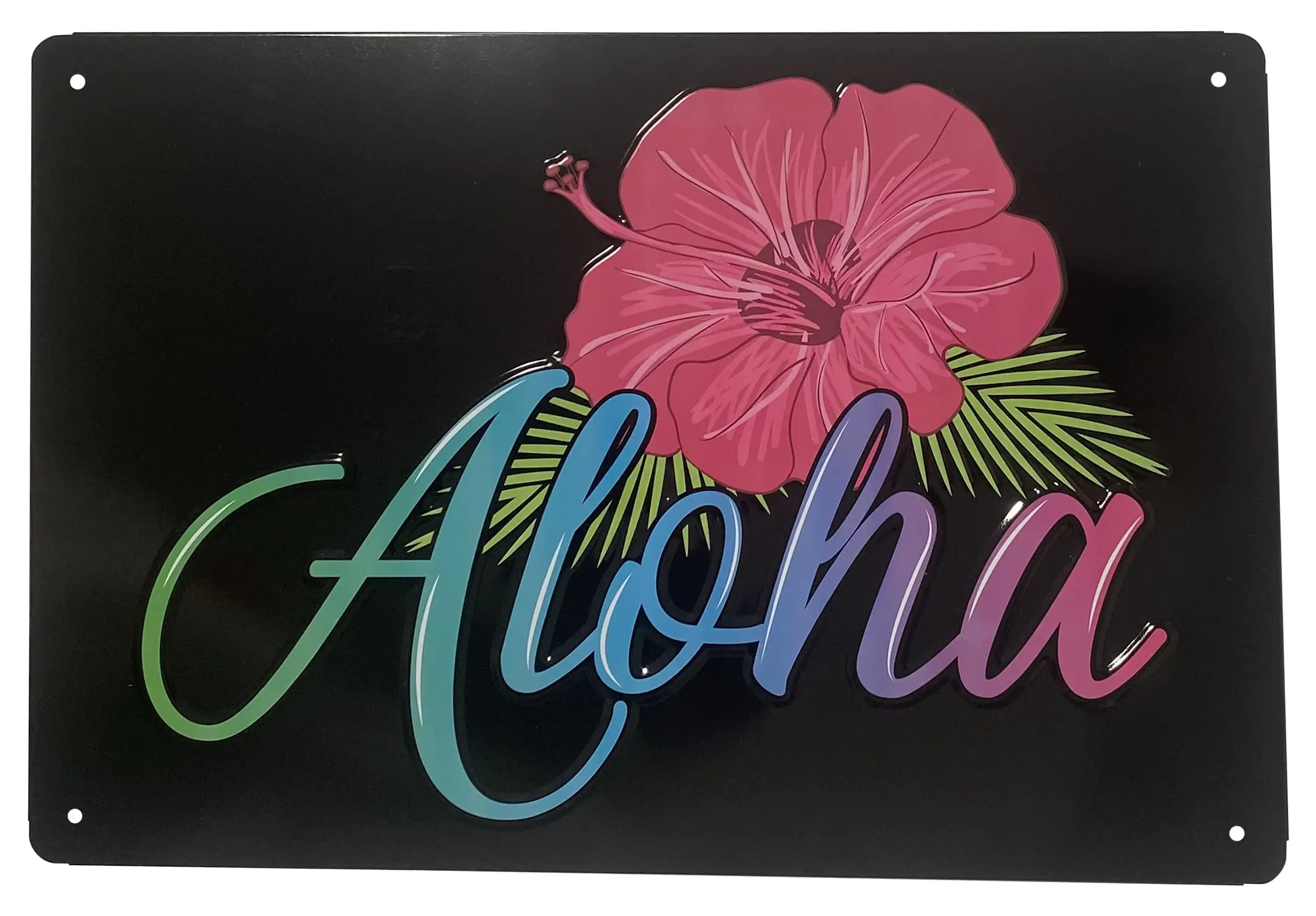 

Aloha Designs надпись "Алоха Гавайи" Hibiscus Оловянная металлическая табличка с красочными тиснеными буквами | Декоративный Гавайский Настенный декор с островом V