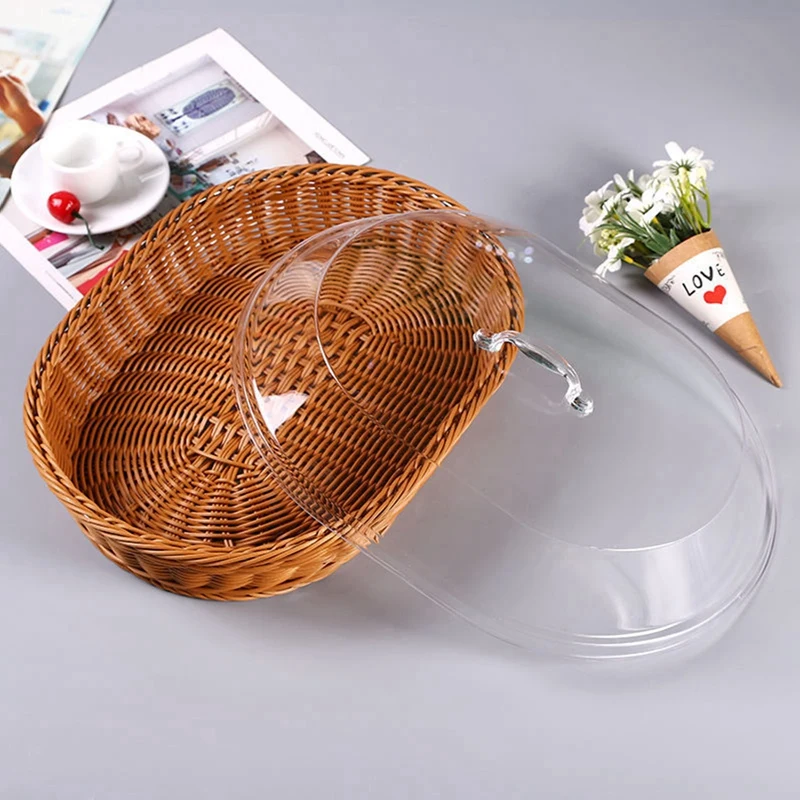 Woven Rattan Basket Bread Basket with Acrylic Lid Tabletop Food Serving Basket Woven Fruit Basket with Cover Imitation Rattan