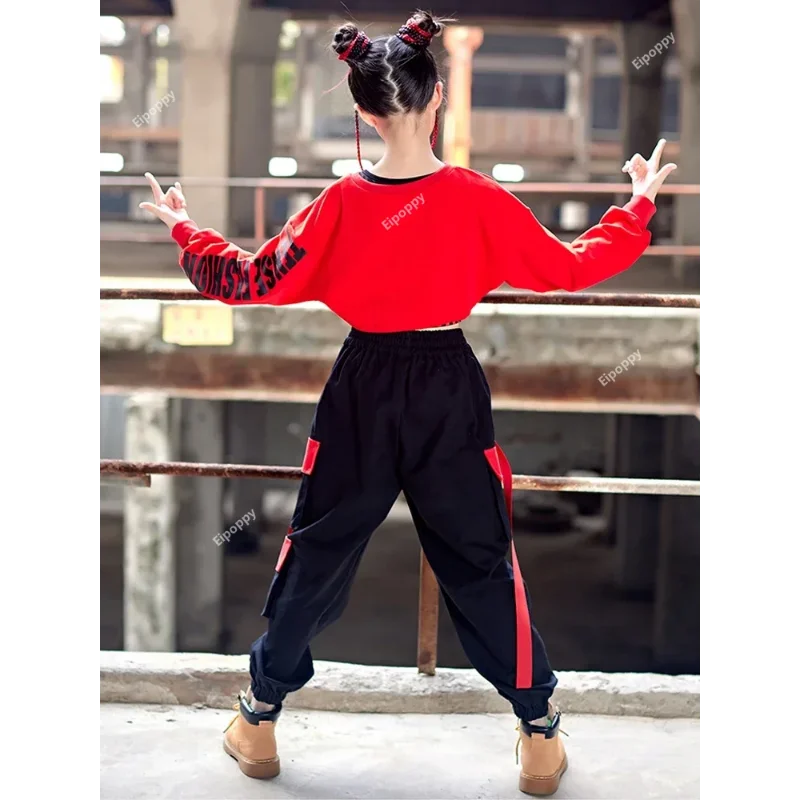 Teenage Fashion Streetwear, Stage Wear, Girls' Hip-hop, Jazz Dance, Red Crop Tops, Work Pants