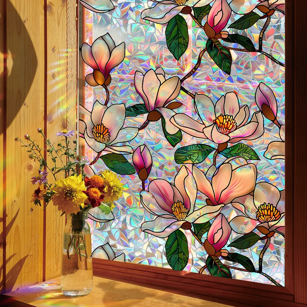 Rainbow Magnolia Window Cling Sticker 43x100cm Removable Static Cling Window Film Decorative Flower Vinyl for Home, Office, Cafe