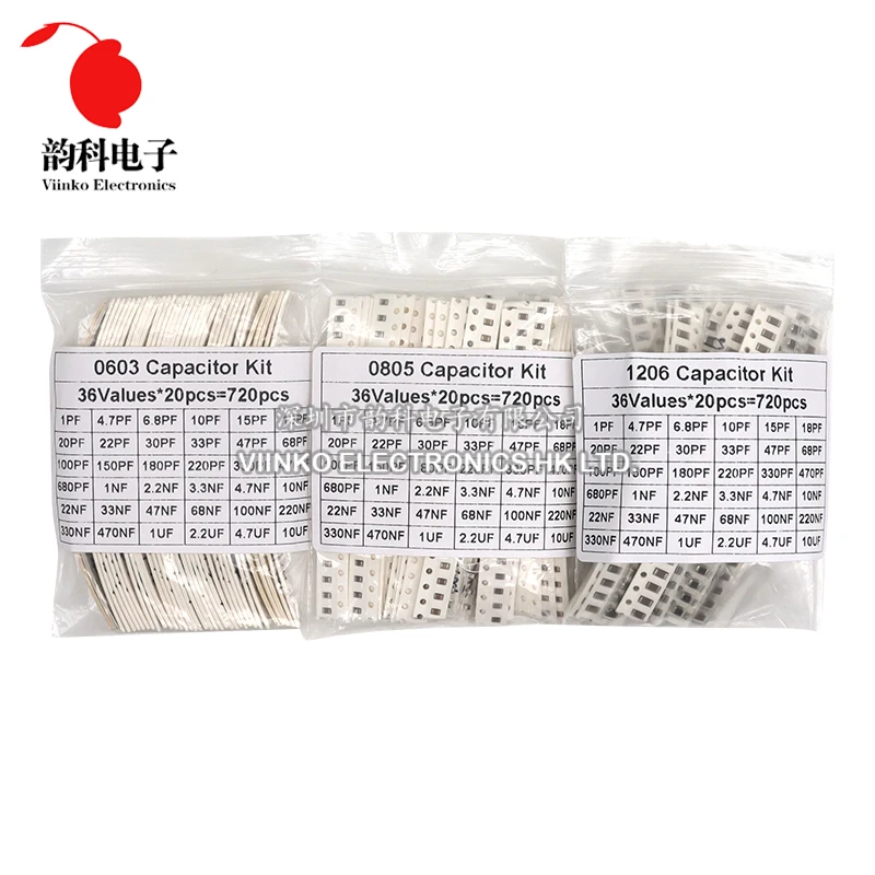 320PCS 720PCS 0603 0805 1206 SMD Kondenzorlencse Válogatott készlet 16/36/50values 1PF - 10UF Kapacitás állítsa 100NF 0.1UF 1UF 2.2UF 4.7UF