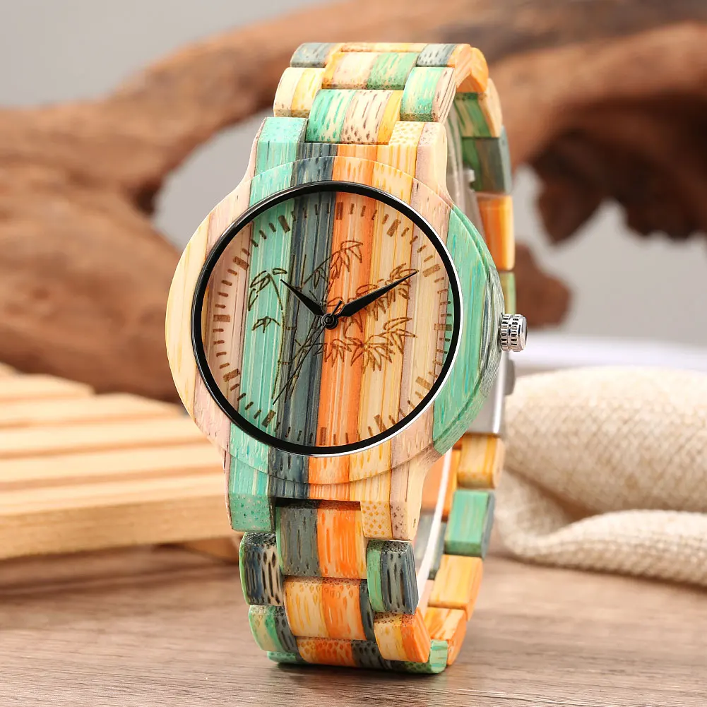 

Unique Colorful Bamboo Wood Watch Quartz Analog Folding Clasp Full Wooden Bracelet Male Wristwatches Casual Stylish Watches Gift