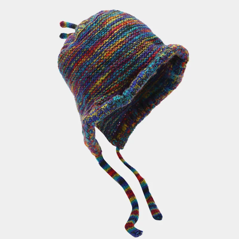 

Cute Colorful Striped Bomber Hats for Women Knitted Winter Beanies Earflap Caps