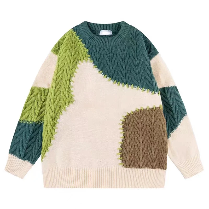 

Autumn Men Knitted Jumper Sweaters Hip Hop Color Block Knitwear 2023 Streetwear Harajuku Fashion Casual Pullovers Knit Clothing