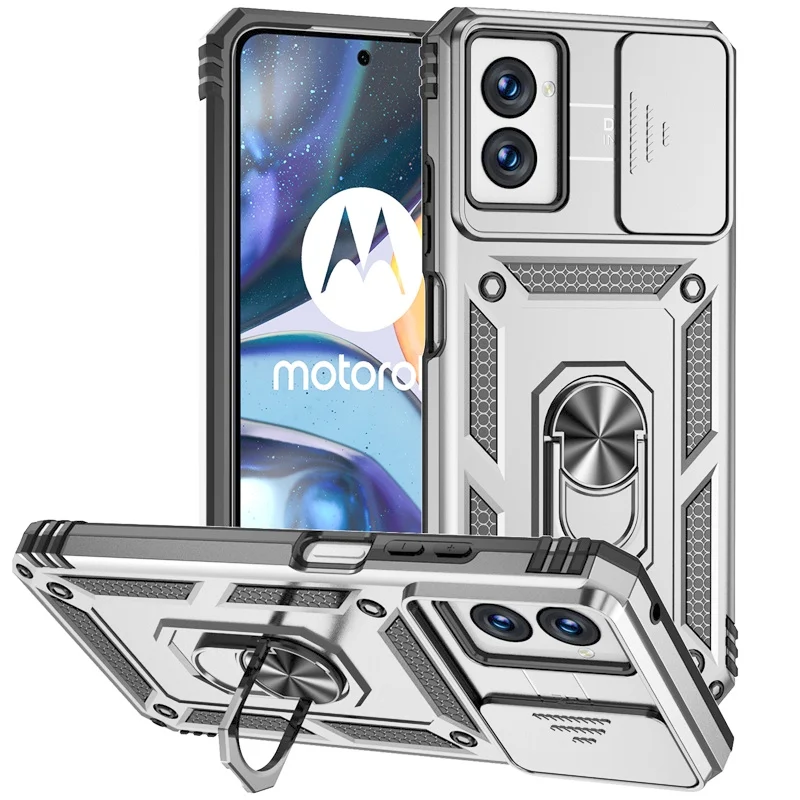 Shockproof Armor Phone Case with Magnetic Ring Holder and Slide Lens Protector
